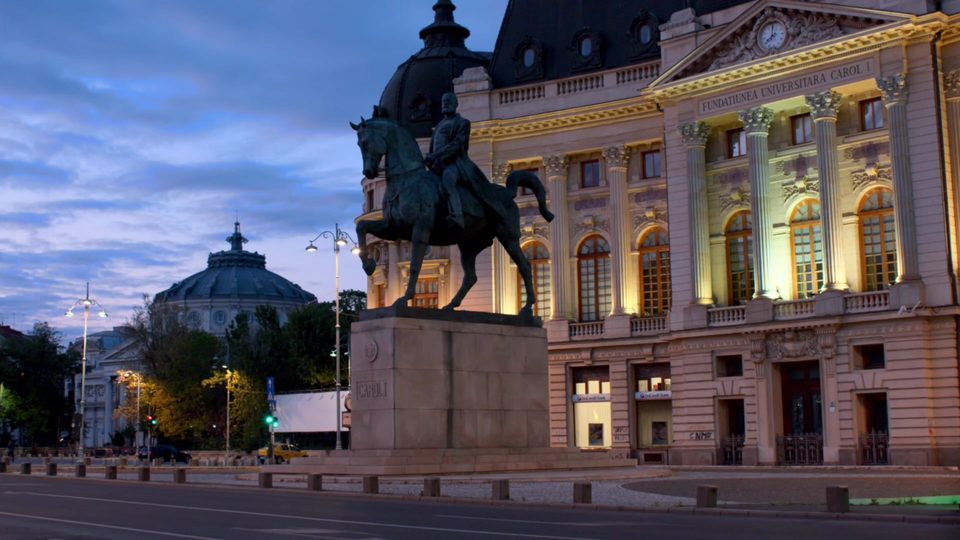 The Central University Library in Bucharest at dusk, from the showreel